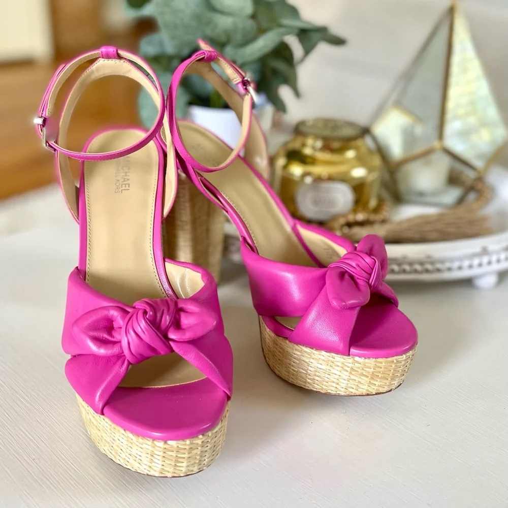MICHAEL KORS Sadie Platform Leather Bow High Heeled Sandals Magenta Pink 8.5 - Picture 14 of 15